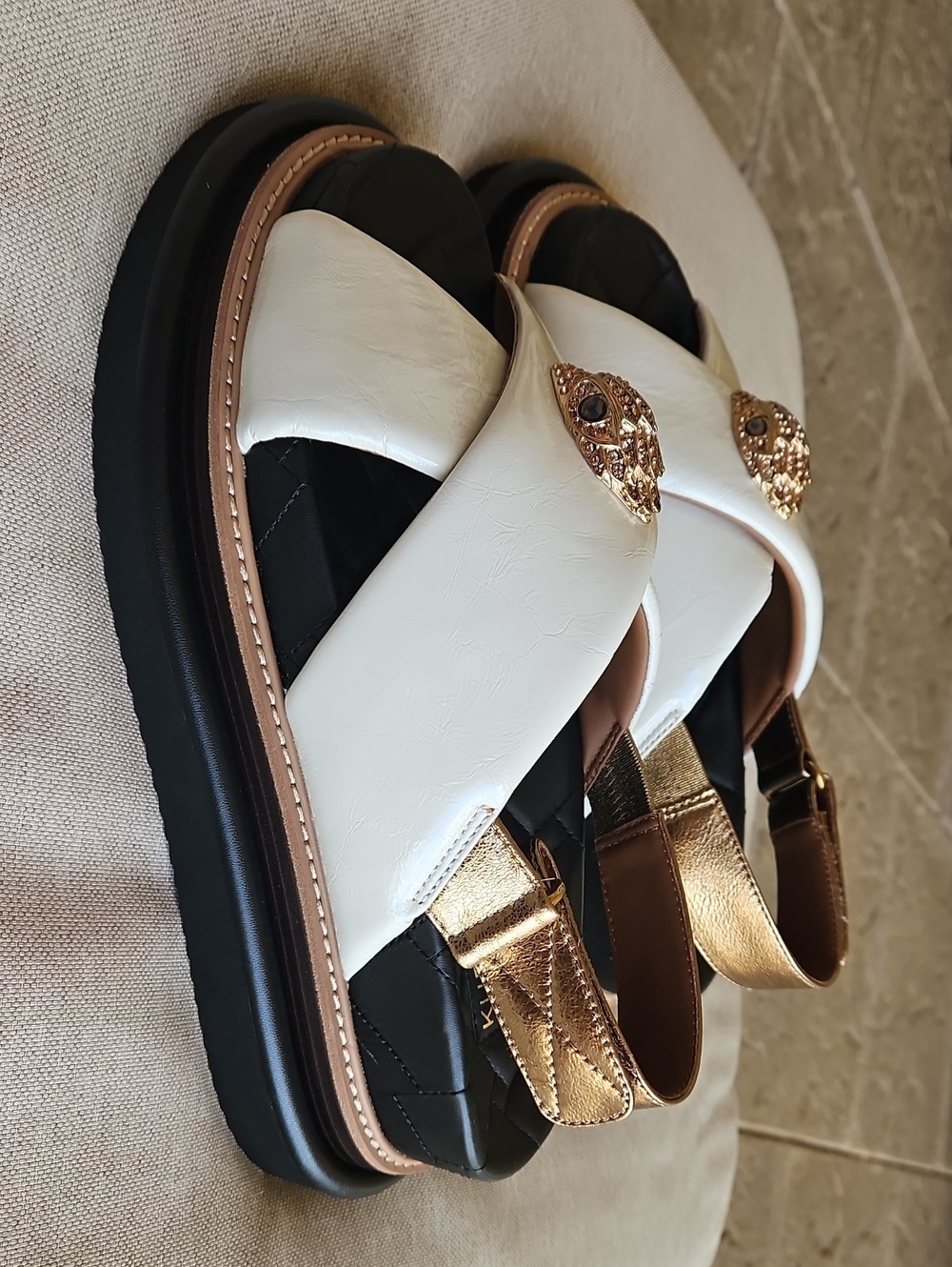 Kurt Geiger London Orson Cross Strap Leather Platform Sandals White Gold EU40, 9 - Picture 3 of 12